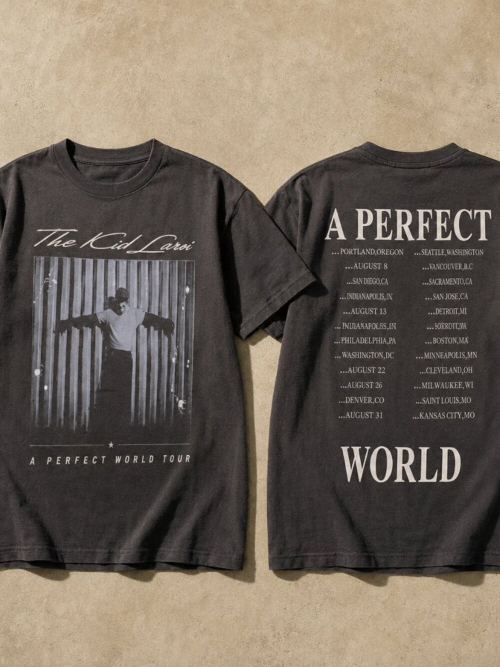 The Kid Laroi A Perfect World Tour 2026 Double-Sided Charcoal T-Shirt